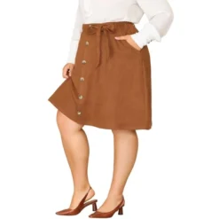 Agnes Orinda Women's Plus Size Faux Suede Elastic Waist Flared Stretch A-Line Midi Skirts