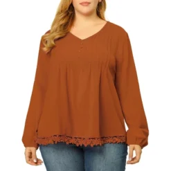 Agnes Orinda Women's Plus Size Fashion Pleated V Neck Long Sleeve Solid Blouses