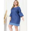 Agnes Orinda Women's Plus Size Puff Sleeve Chambray Shift Dress