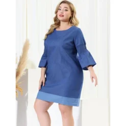 Agnes Orinda Women's Plus Size Puff Sleeve Chambray Shift Dress