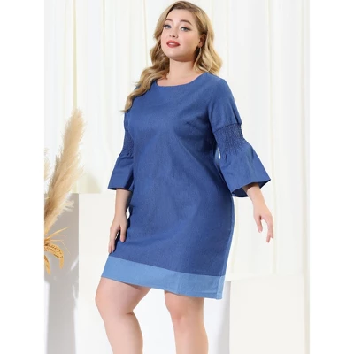 Agnes Orinda Women's Plus Size Puff Sleeve Chambray Shift Dress 1 Agnes Orinda Women's Plus Size Puff Sleeve Chambray Shift Dress