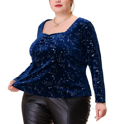 Agnes Orinda Women's Plus Size Top Sweetheart Neck Long Sleeve Stars Velvet Blouses 6 Agnes Orinda Women's Plus Size Top Sweetheart Neck Long Sleeve Stars Velvet Blouses - Image 6