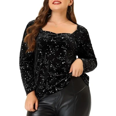Agnes Orinda Women's Plus Size Top Sweetheart Neck Long Sleeve Stars Velvet Blouses 5 Agnes Orinda Women's Plus Size Top Sweetheart Neck Long Sleeve Stars Velvet Blouses - Image 5