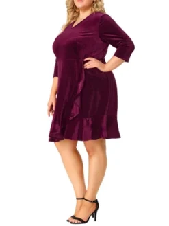 Agnes Orinda Women's Plus Size Stretch Velvet Ruffle 3/4 Sleeve Party Bodycon Dress