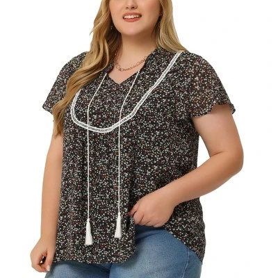 Agnes Orinda Women's Plus Size Bib Peasant Ditsy Floral Tie Neck Keyhole Chiffon Blouse 1 Agnes Orinda Women's Plus Size Bib Peasant Ditsy Floral Tie Neck Keyhole Chiffon Blouse