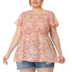 Agnes Orinda Women's Plus Size Chiffon Smock Waist Ditsy Floral Peplum Blouse -Agnes Sales Store GUEST 2ebd7775 7082 4200 be00 0b880cb54e32