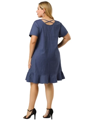 Agnes Orinda Women's Plus Size Cross Back Ruffle Hem Formal Chambray Dresses 4 Agnes Orinda Women's Plus Size Cross Back Ruffle Hem Formal Chambray Dresses - Image 4