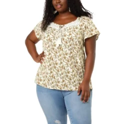 Agnes Orinda Women's Plus Size Floral Short Sleeve Square Tassel Tie Neck Peasant Tops -Agnes Sales Store GUEST 2f836b2a 2d69 48f8 b785 7dcc9863d04a