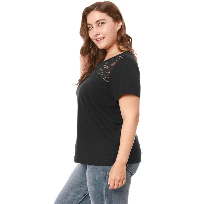 Agnes Orinda Women's Plus Size Lace Insert Short Sleeves Round Neck T-shirts 3 Agnes Orinda Women's Plus Size Lace Insert Short Sleeves Round Neck T-shirts - Image 3
