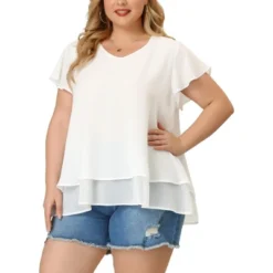 Agnes Orinda Women's Plus Size Casual Flare Sleeve Double Layers Chiffon Blouse