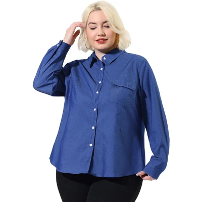 Agnes Orinda Women's Plus Size Denim Long Sleeve Chest Pocket Work Shirt 9 Agnes Orinda Women's Plus Size Denim Long Sleeve Chest Pocket Work Shirt - Image 9