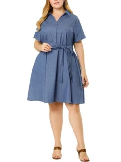 Agnes Orinda Women's Plus Size Buttons Belted Short Sleeves Chambray Shirtdress