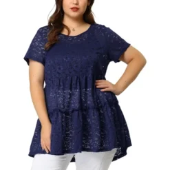 Agnes Orinda Women's Plus Size Blouse Tiered Lace Allover Round Neck Short Sleeve Peplum Blouses -Agnes Sales Store GUEST 313b08b1 11f2 4073 b228 c1d8a3ffaea6