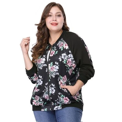 Agnes Orinda Women's Plus Size Zipper Raglan Sleeves Floral Bomber Jacket 1 Agnes Orinda Women's Plus Size Zipper Raglan Sleeves Floral Bomber Jacket