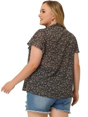 Agnes Orinda Women's Plus Size Bib Peasant Ditsy Floral Tie Neck Keyhole Chiffon Blouse 3 Agnes Orinda Women's Plus Size Bib Peasant Ditsy Floral Tie Neck Keyhole Chiffon Blouse - Image 3