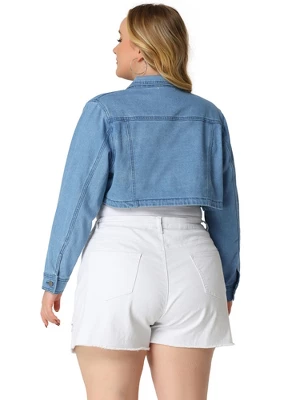 Agnes Orinda Women's Plus Size Classic Denim Long Sleeve Washed Jean Cropped Jacket 3 Agnes Orinda Women's Plus Size Classic Denim Long Sleeve Washed Jean Cropped Jacket - Image 3