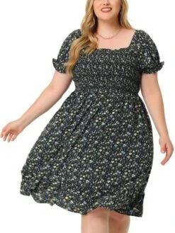 Agnes Orinda Plus Size Dress For Women Flared Flowy Smock Ruffle Sleeve Floral Dresses