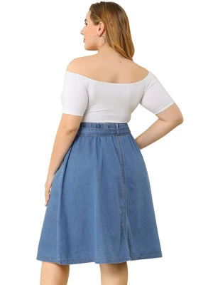Agnes Orinda Women's Plus Size Denim Tie Waist Button Front A-Line Midi Skirts 4 Agnes Orinda Women's Plus Size Denim Tie Waist Button Front A-Line Midi Skirts - Image 4