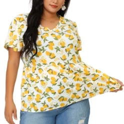 Agnes Orinda Women's Plus Size Blouse Casual V Neck Lemon Floral Peplum Top -Agnes Sales Store GUEST 366ff558 ed2c 41d8 92be 10f39eb6801b