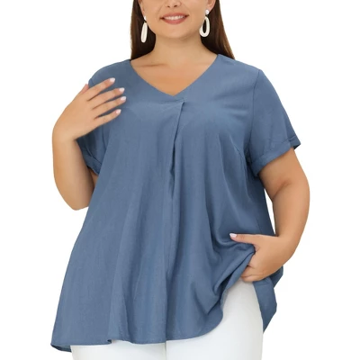 Agnes Orinda Women's Plus Size Blouse Casual V Neck Lounge Around Short Sleeve Solid Chambray Tops 6 Agnes Orinda Women's Plus Size Blouse Casual V Neck Lounge Around Short Sleeve Solid Chambray Tops - Image 6
