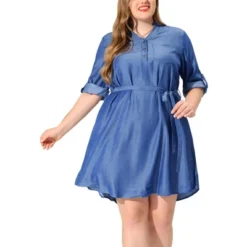 Agnes Orinda Women's Plus Size 3/4 Sleeve Belted High Low Hem Chambray T-Shirt Dress -Agnes Sales Store GUEST 374e181d 6ce8 468e bc20 7d926923e17e