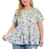 Agnes Orinda Women's Plus Size Tops Tiered Round Neck Short Sleeve Floral Blouses