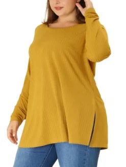 Agnes Orinda Women's Plus Size Plain Casual Split Side Long Sleeve Top