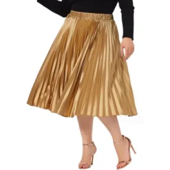 Agnes Orinda Women's Plus Size Pleated Stretched High Waist Premium Metallic Shiny Midi Skirts -Agnes Sales Store GUEST 394c432f b85a 4928 9346 a83b1800a215