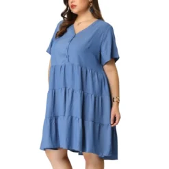 Agnes Orinda Women's Plus Size Babydoll Tiered V Neck Short Sleeve Chambray Dresses -Agnes Sales Store GUEST 395476df 36bf 433e b048 d7da1e8b59d6