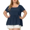 Agnes Orinda Women's Plus Size Ribbed Peplum Babydoll Short Sleeve Summer Blouses