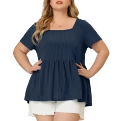 Agnes Orinda Women's Plus Size Ribbed Peplum Babydoll Short Sleeve Summer Blouses
