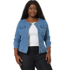 Agnes Orinda Women's Plus Size Jean Jacket Long Sleeves Collarless Denim Jacket -Agnes Sales Store GUEST 398bf426 0ef0 47d1 9525 1297df198810