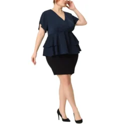 Agnes Orinda Women's Plus Size Peplum V Neck Ruffle Hem Buttons Front Work Formal Top