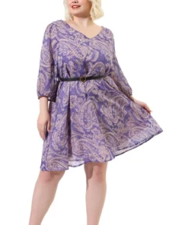 Agnes Orinda Women's Plus Size Elegant Floral Belted Waist 3/4 Sleeves Chiffon Dress -Agnes Sales Store GUEST 3a202faa 9a27 4b0d a861 8137d7984c51