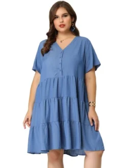 Agnes Orinda Women's Plus Size Babydoll Tiered V Neck Short Sleeve Chambray Dresses -Agnes Sales Store GUEST 3a6e677a a752 4929 b629 d9d3d028f15e