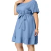Agnes Orinda Women's Plus Size Belt Waist Ruffle Hem Chambray Shirt Dress