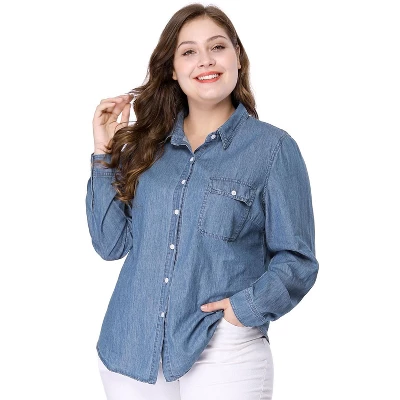 Agnes Orinda Women's Plus Size Denim Long Sleeve Chest Pocket Work Shirt 2 Agnes Orinda Women's Plus Size Denim Long Sleeve Chest Pocket Work Shirt - Image 2
