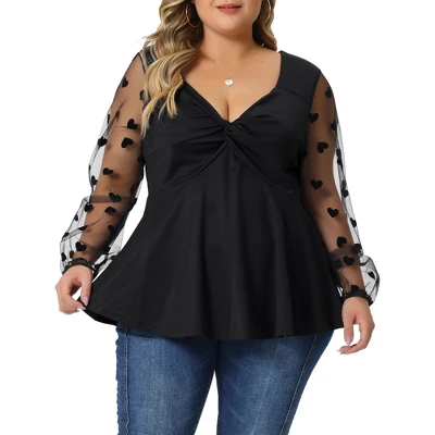 Agnes Orinda Women's Plus Size Heart Sheer Long Sleeve Mesh V Neck Peplum Blouse 5 Agnes Orinda Women's Plus Size Heart Sheer Long Sleeve Mesh V Neck Peplum Blouse - Image 5