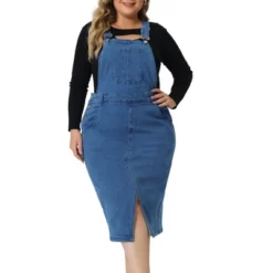 Agnes Orinda Women's Plus Size Overall Classic Adjustable Straps Above Knee Slit Hem Denim Dresses