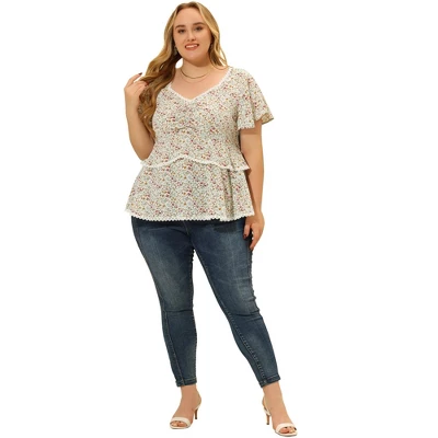 Agnes Orinda Women's Plus Size Tiered Floral Babydoll Sweetheart Neck Ruffle Short Sleeve Blouses 2 Agnes Orinda Women's Plus Size Tiered Floral Babydoll Sweetheart Neck Ruffle Short Sleeve Blouses - Image 2