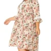 Agnes Orinda Women's Plus Size Retro V Neck Ruffle 3/4 Sleeve Floral Print Babydoll Flare Midi A Line Dresses
