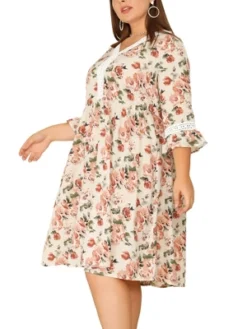 Agnes Orinda Women's Plus Size Retro V Neck Ruffle 3/4 Sleeve Floral Print Babydoll Flare Midi A Line Dresses