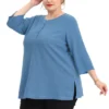 Agnes Orinda Women's Plus Size Round Neck Half Placket 3/4 Sleeve Basic Tops
