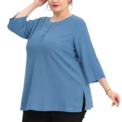 Agnes Orinda Women's Plus Size Round Neck Half Placket 3/4 Sleeve Basic Tops
