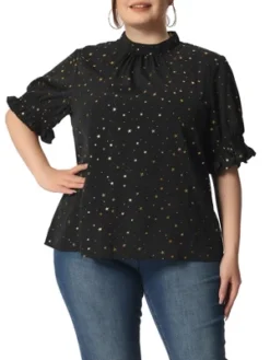 Agnes Orinda Women's Plus Size Work Pleated Keyhole Back Star Print Puff Sleeve Blouses -Agnes Sales Store GUEST 3d873cd7 3145 4b66 9f76 9d64d047f4b5