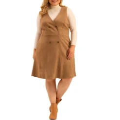 Agnes Orinda Women's Plus Size Overall Button Casual Faux Suede Dress