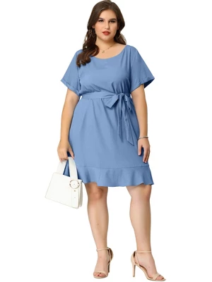 Agnes Orinda Women's Plus Size Belt Waist Ruffle Hem Chambray Shirt Dress 2 Agnes Orinda Women's Plus Size Belt Waist Ruffle Hem Chambray Shirt Dress - Image 2