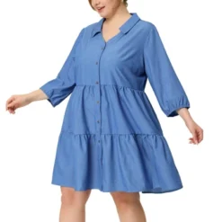 Agnes Orinda Women's Plus Size Babydoll Outfits Turndown Collar 3/4 Sleeve Chambray Dresses -Agnes Sales Store GUEST 3eb6985b ab27 4d18 9f36 ef13ab9baf24