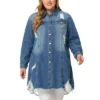 Agnes Orinda Women's Plus Size Classic Jean Distressed Fray Hem Trucker Denim Jackets