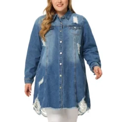 Agnes Orinda Women's Plus Size Classic Jean Distressed Fray Hem Trucker Denim Jackets